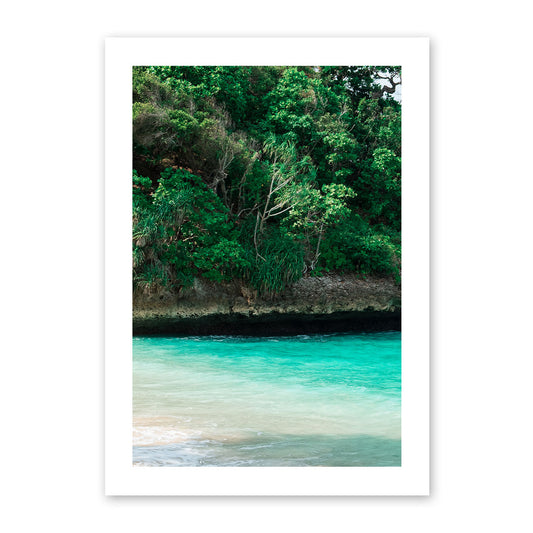 Framed artwork of a tropical landscape with greenery and turquoise water.