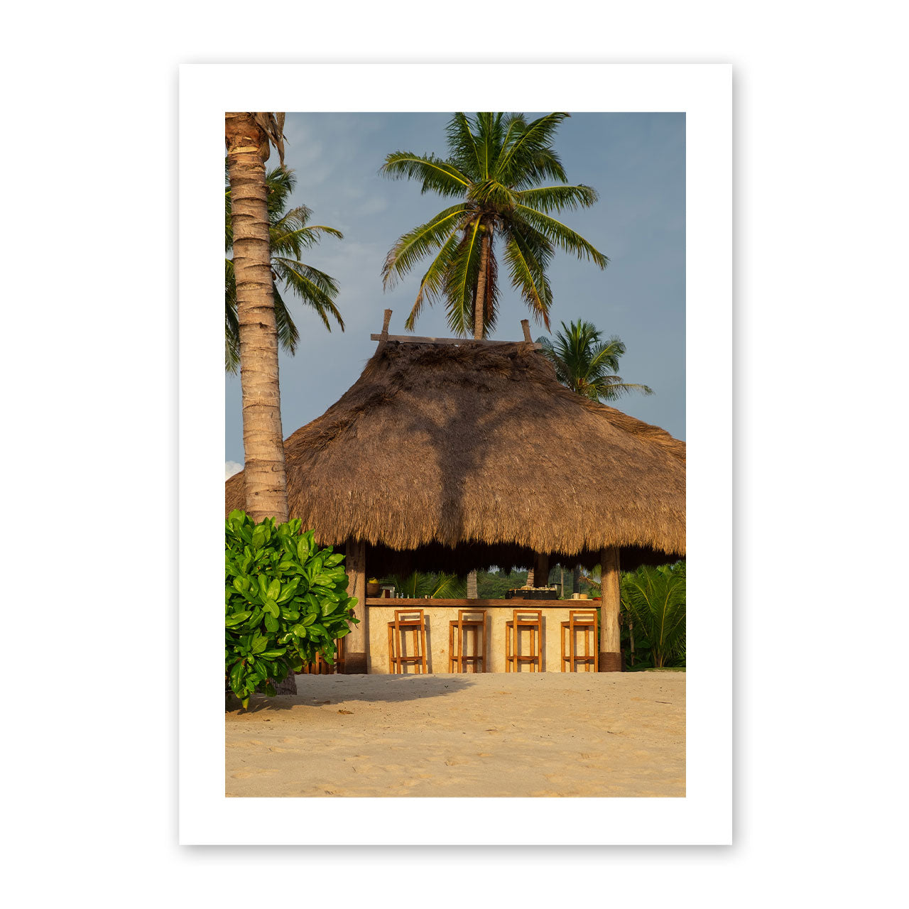 Photo of a thatched hut with palm trees on a beach
