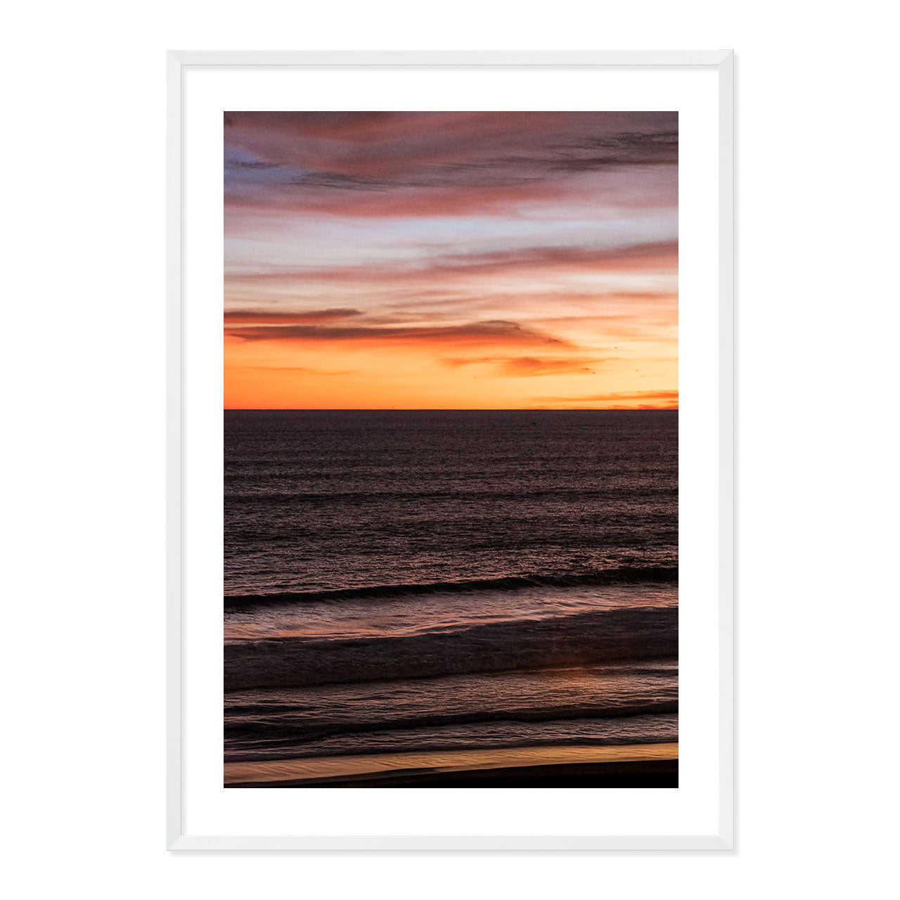 Framed artwork of a sunset over water with a frame.