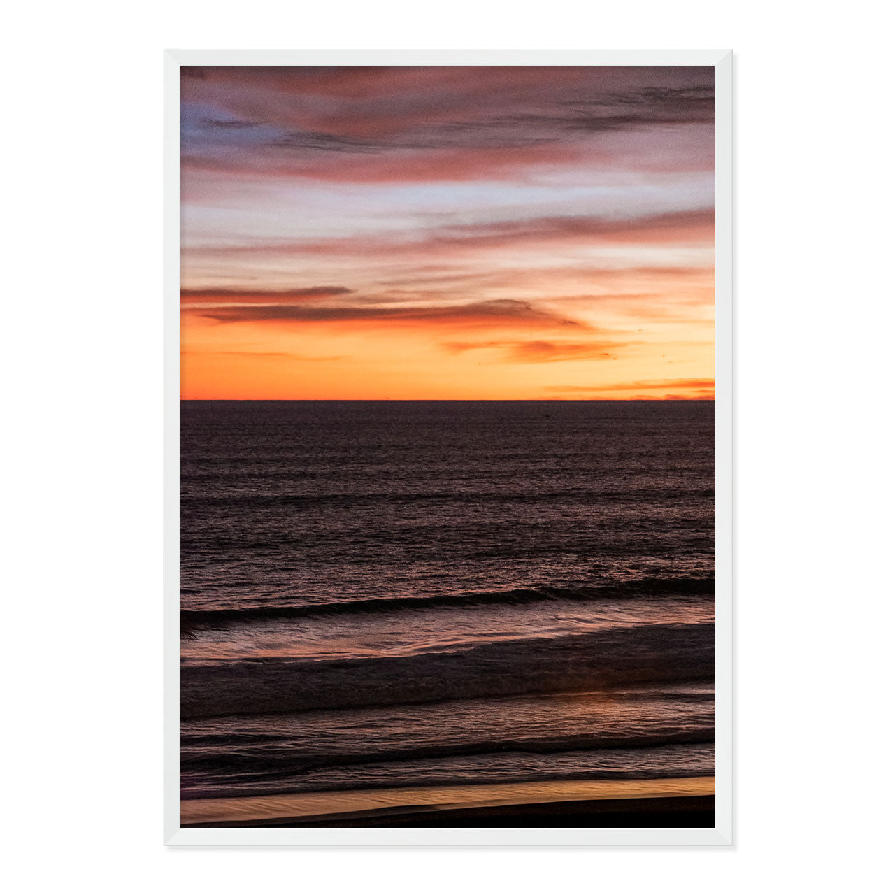 Framed artwork of a sunset over water with a frame.
