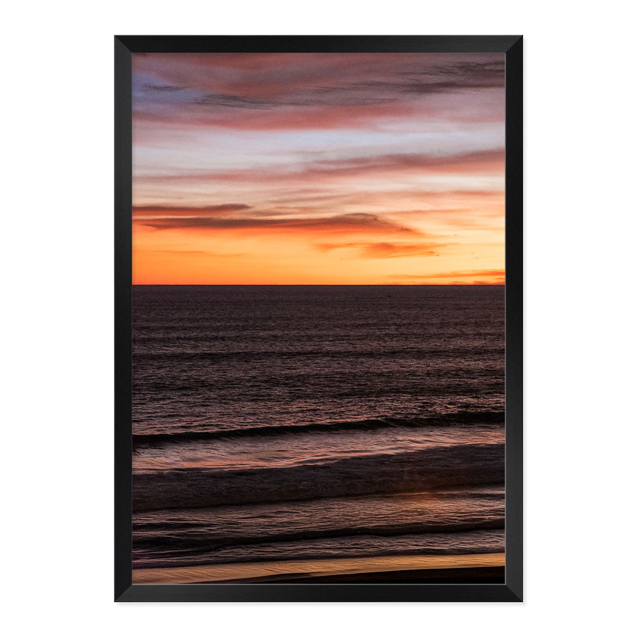 Framed artwork of a sunset over water with a frame.