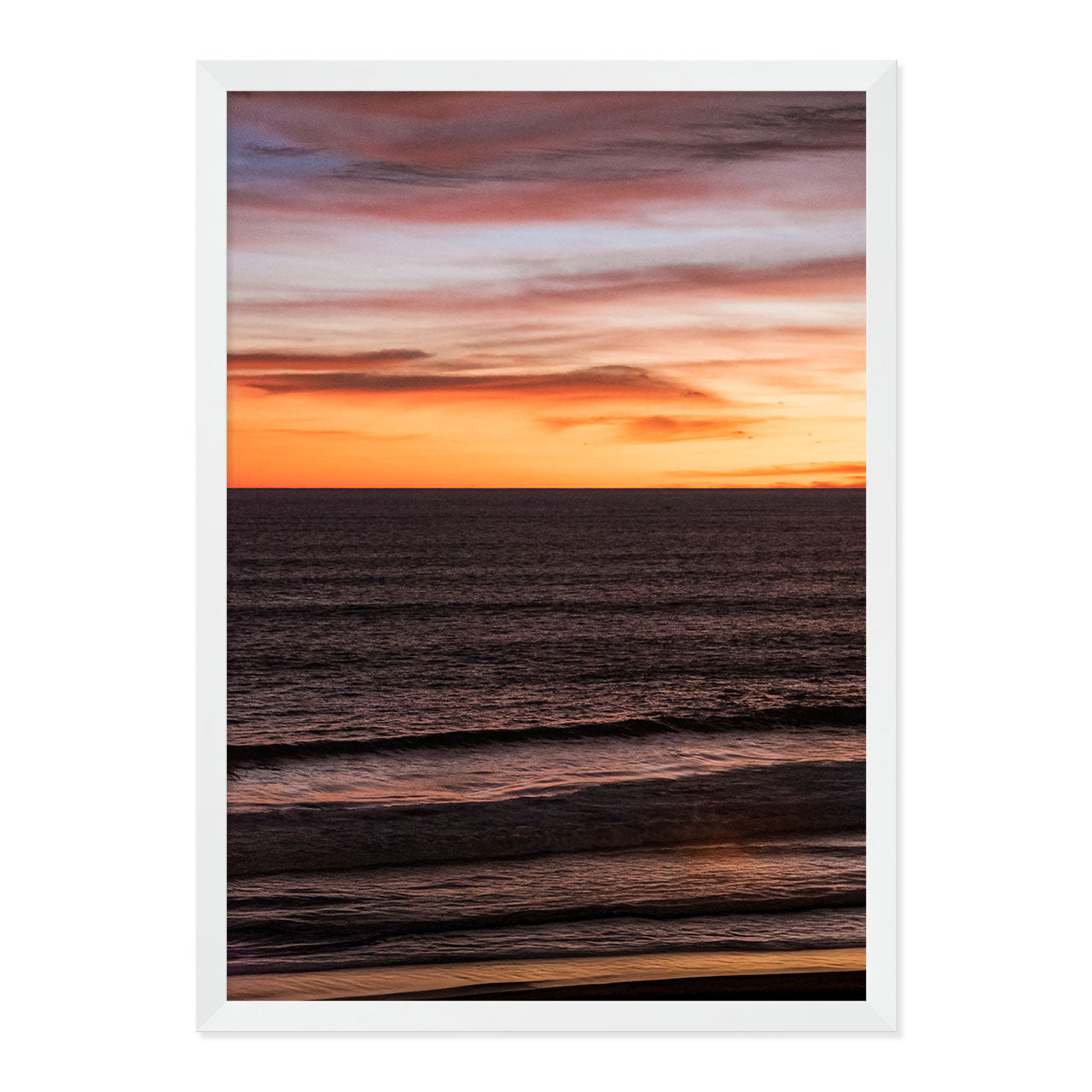Framed artwork of a sunset over water with a frame.