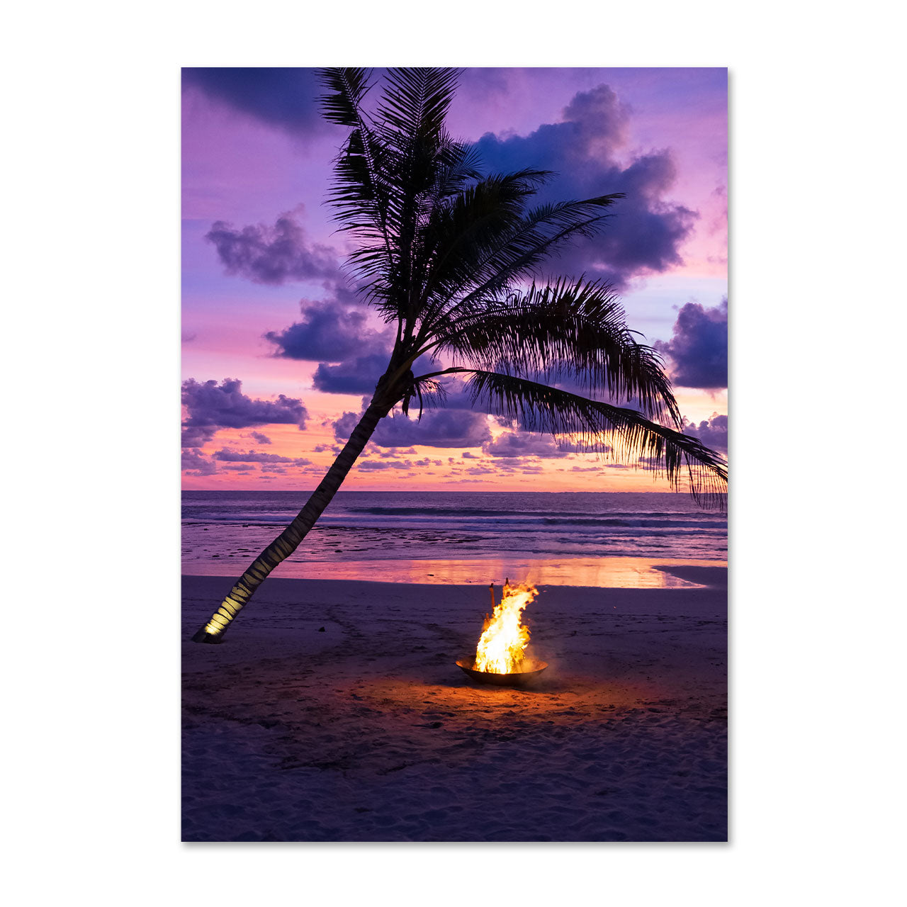Photo of a fire pit by a palm tree on a beach with a sunset sky.