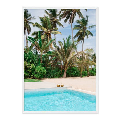 Framed artwork of coconuts by the pool with palm trees in the background.