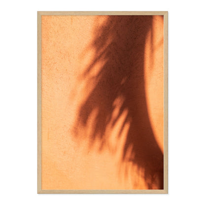 Framed artwork of a palm leaf shadow on a textured terracotta wall.