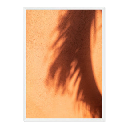 Framed artwork of a palm leaf shadow on a textured terracotta wall.