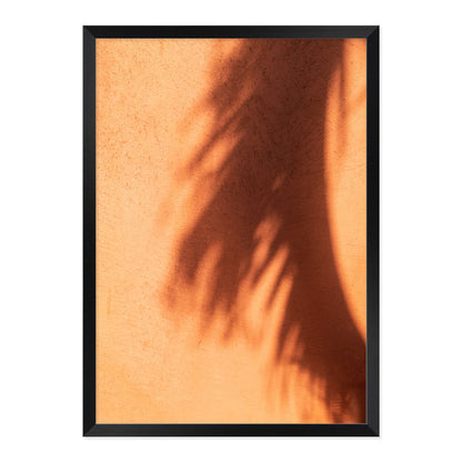 Framed artwork of a palm leaf shadow on a textured terracotta wall.