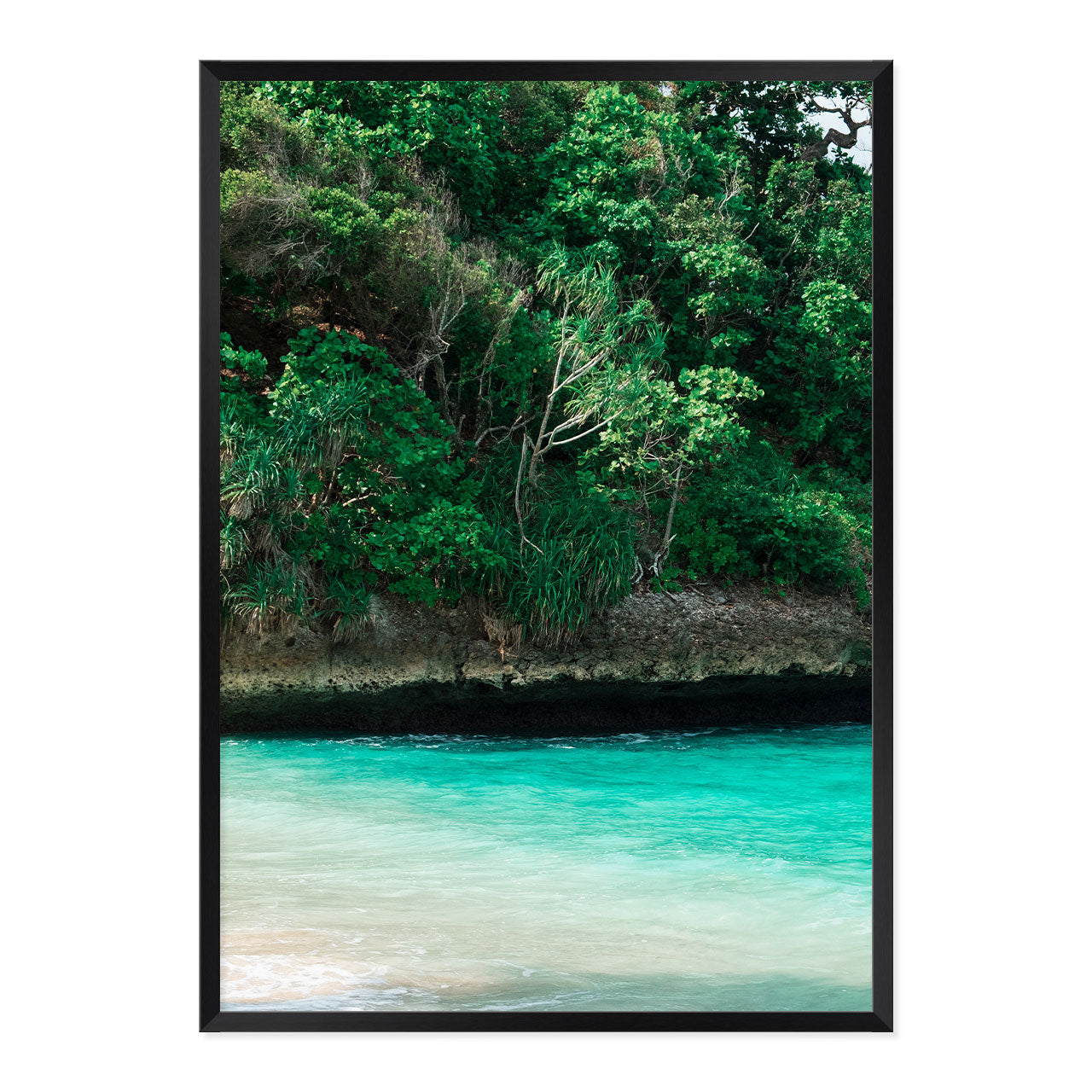 Framed artwork of a tropical landscape with greenery and turquoise water.