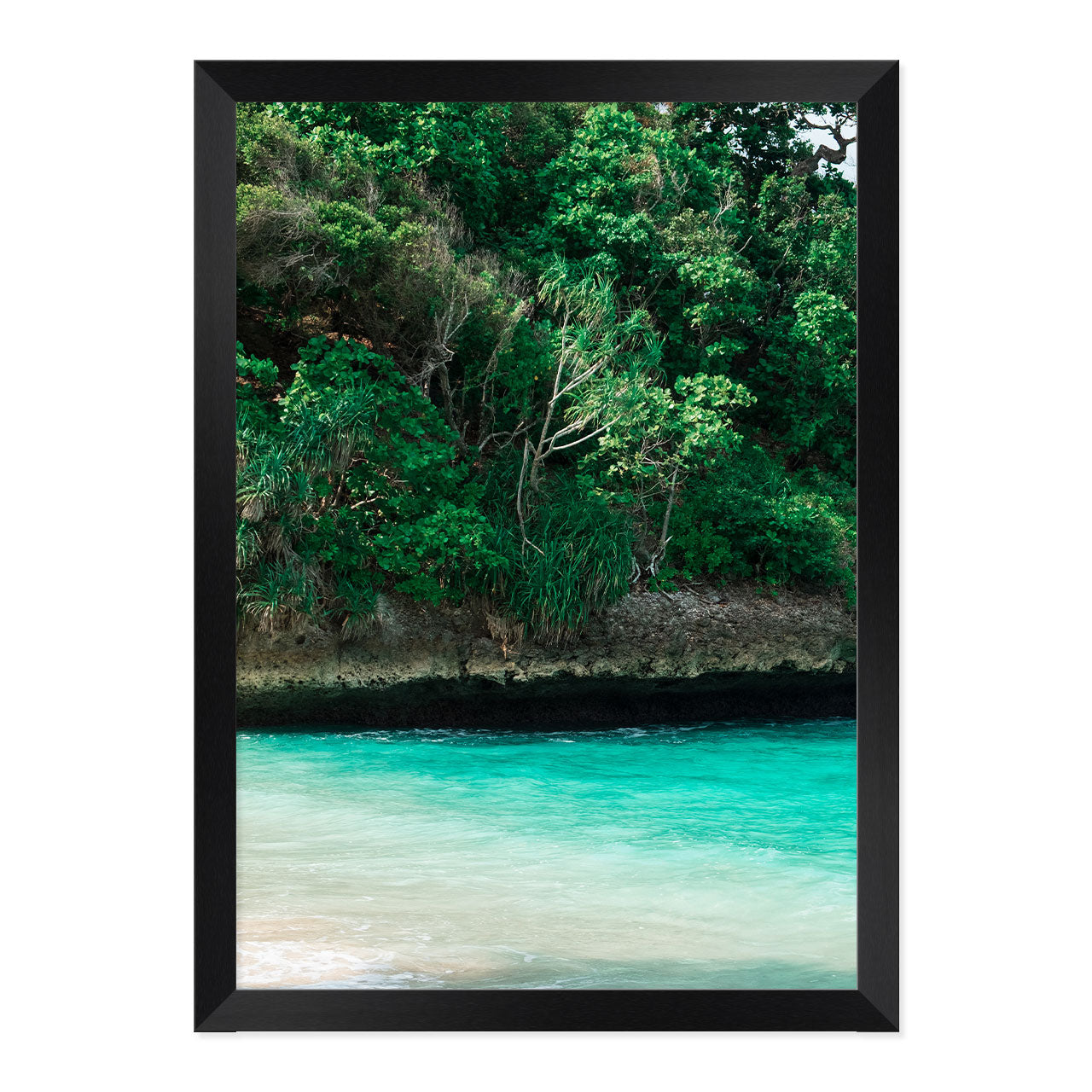 Framed artwork of a tropical landscape with greenery and turquoise water.