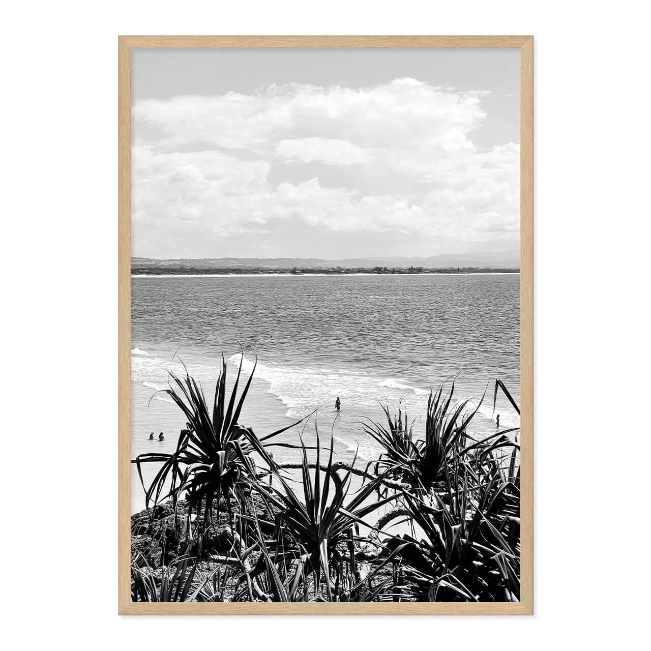 Black & White Beach Photo Print in A1 Natural Timber Frame