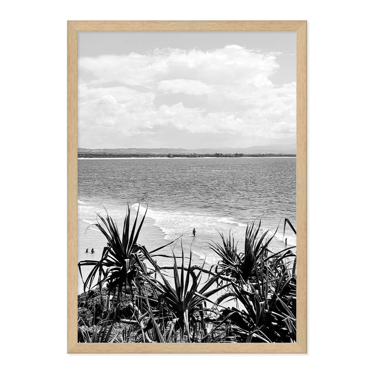 Black & White Beach Photo Print in A2 Natural Timber Frame