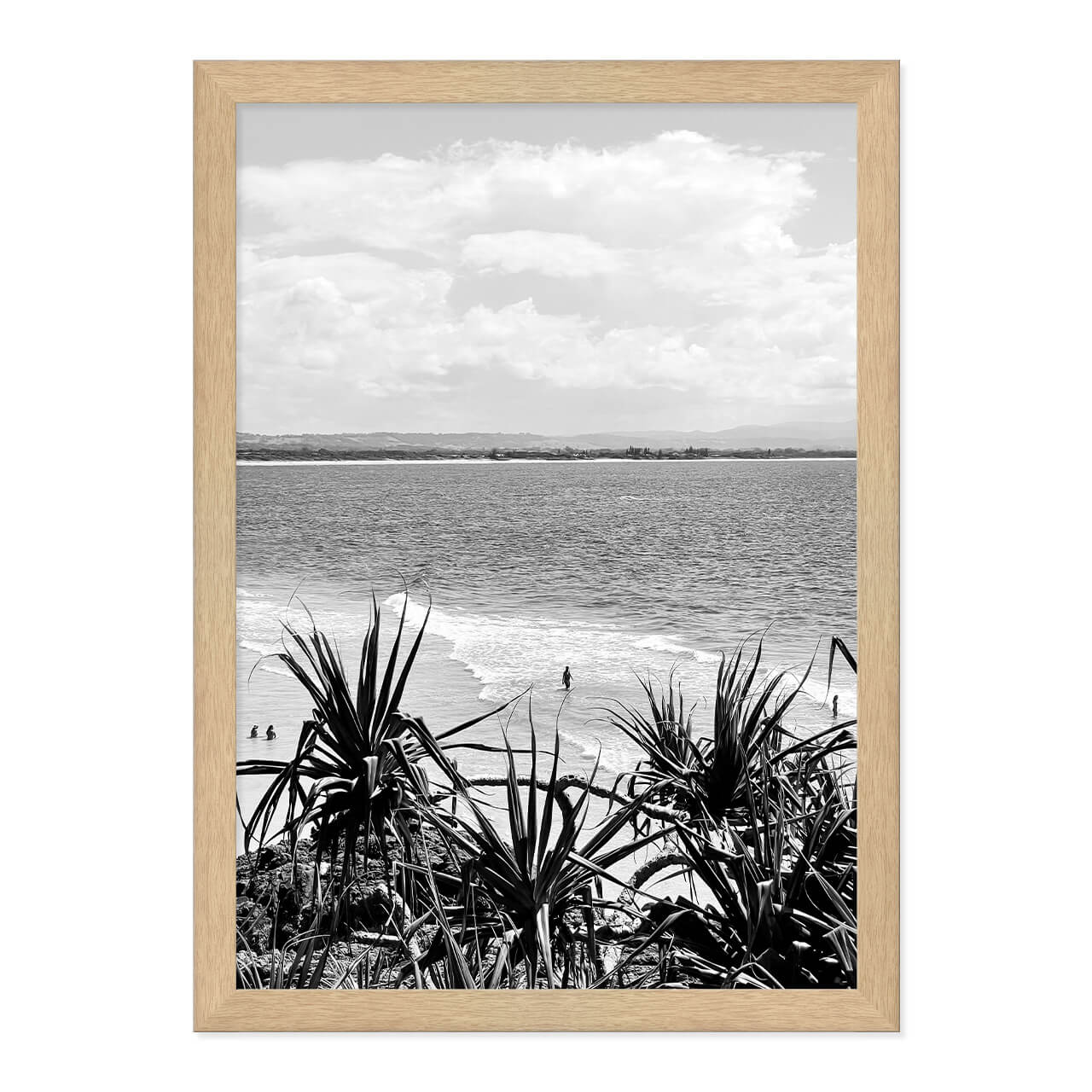 Black & White Beach Photo Print in A3 Natural Timber Frame