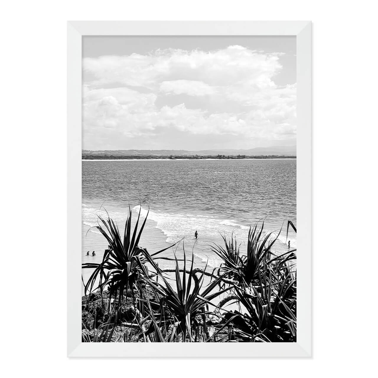 Black & White Beach Photo Print in A3 White Frame