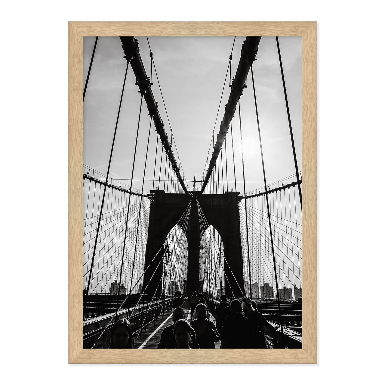Black & White Brooklyn Bridge Photo Print in A3 Natural Timber Frame