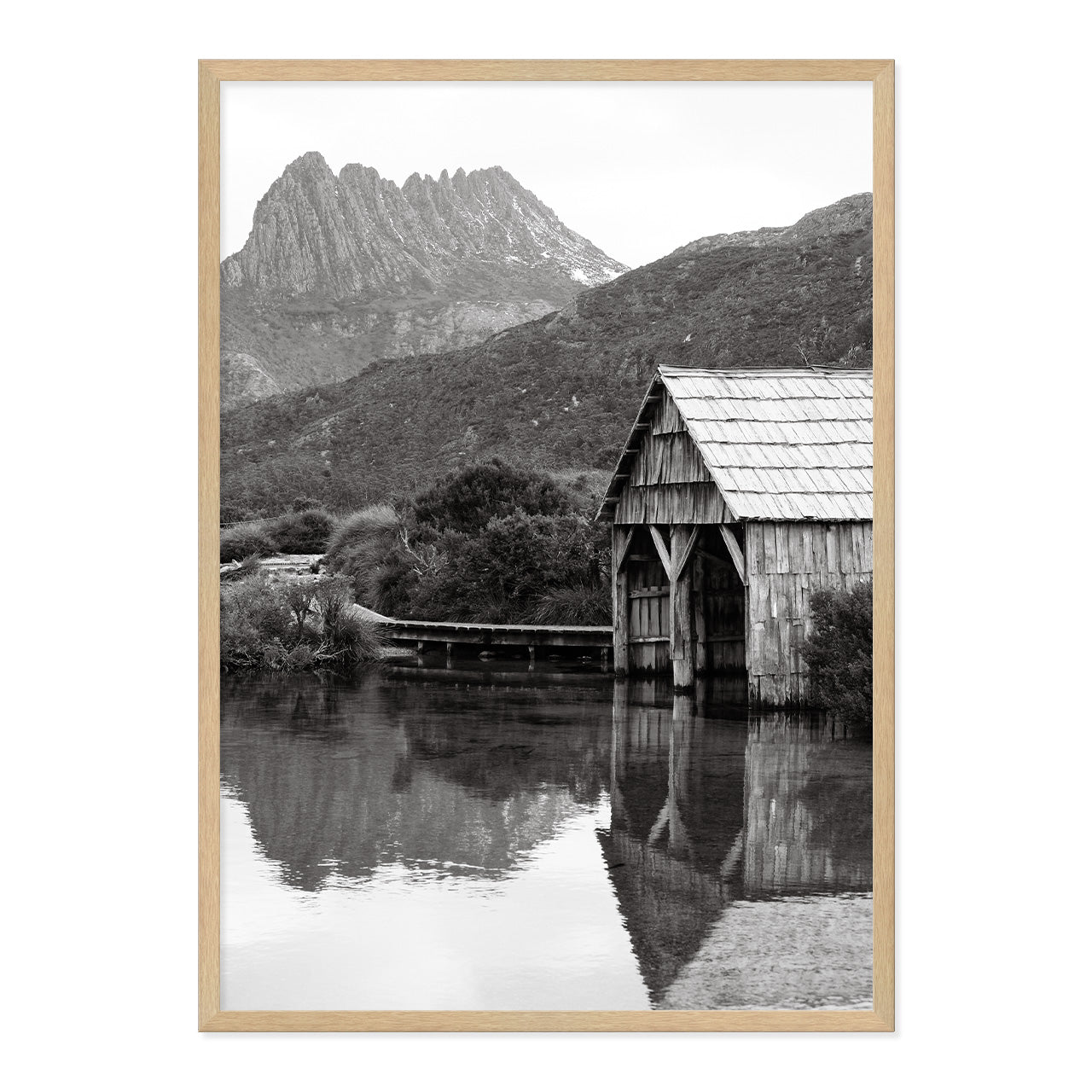 Black & White Dove Lake Print A1 Natural Timber Frame