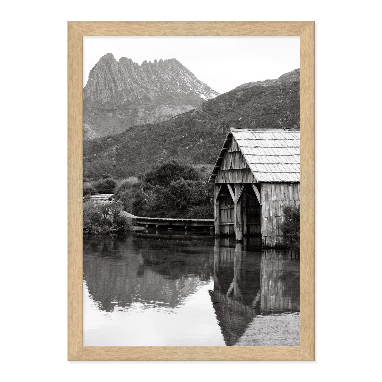 Black & White Dove Lake Print A3 Natural Timber Frame