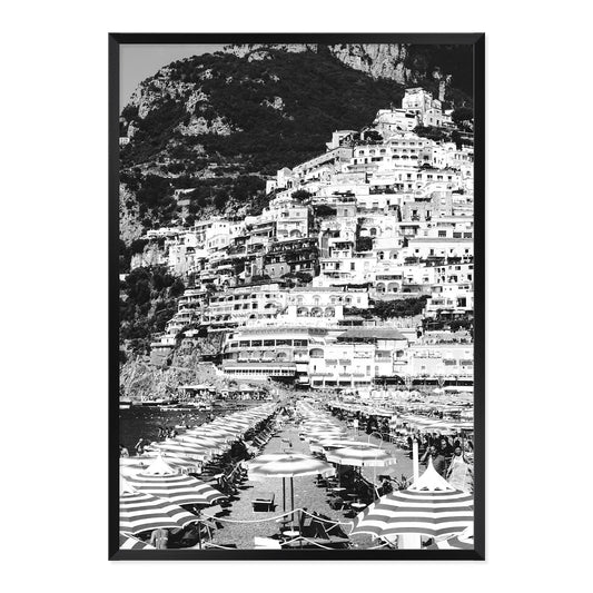 Black & White Positano Beach Photo Print A1 Black Frame