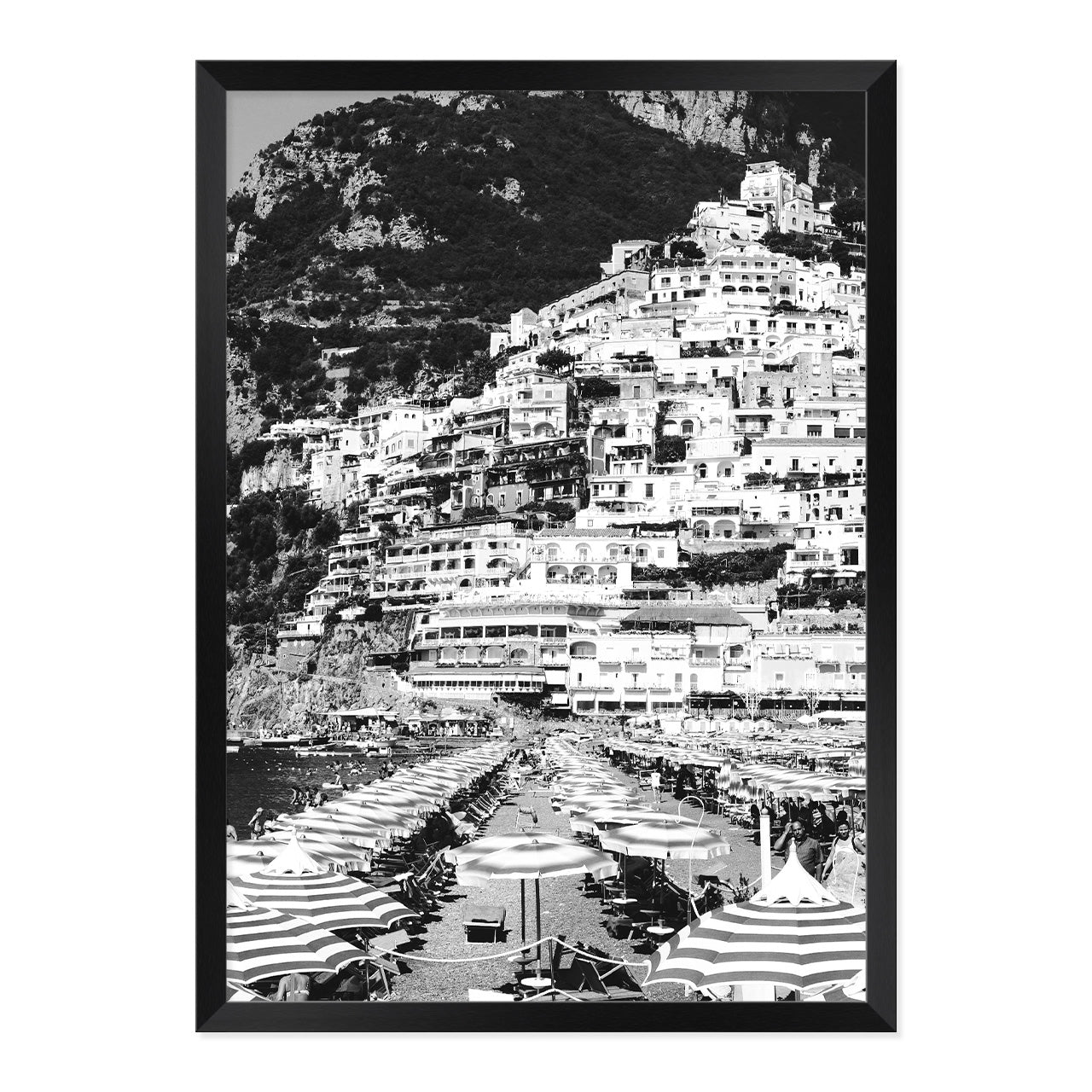 Black & White Positano Beach Photo Print A2 Black Frame