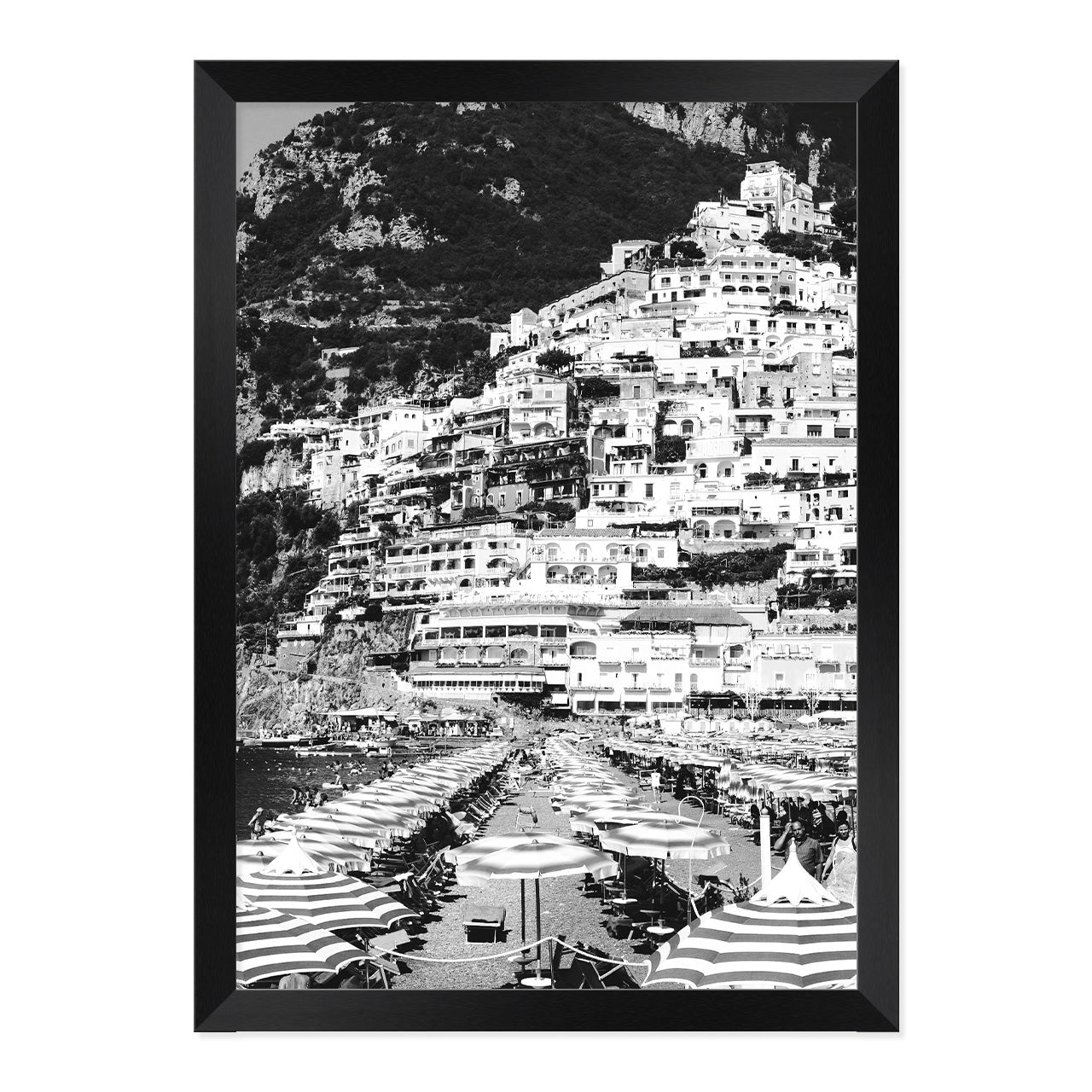 Black & White Positano Beach Photo Print A3 Black Frame