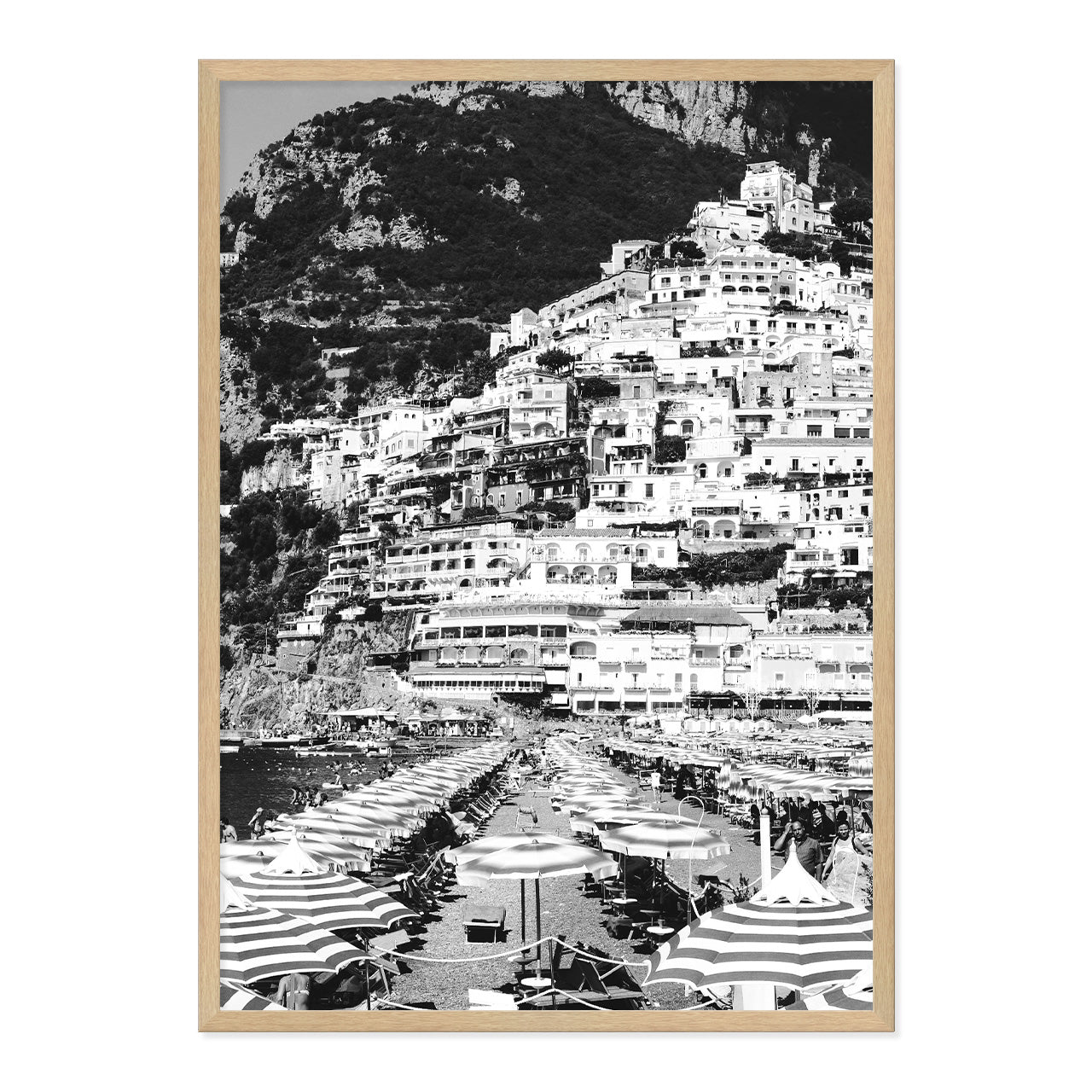 Black & White Positano Beach Photo Print A1 Natural Timber Frame