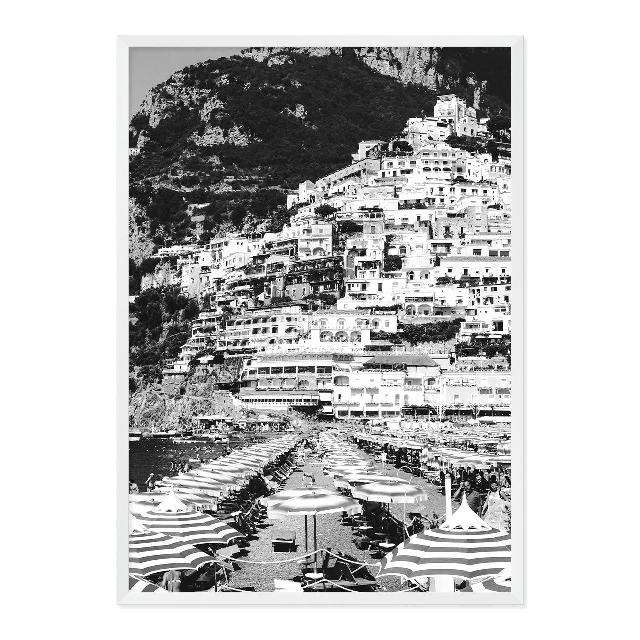 Black & White Positano Beach Photo Print A1 White Frame