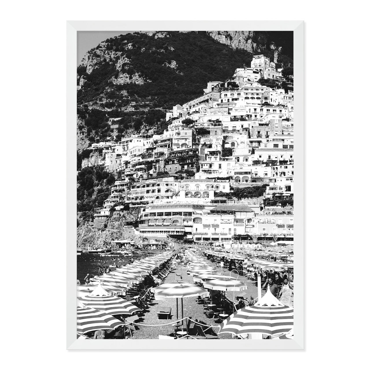 Black & White Positano Beach Photo Print A2 White Frame
