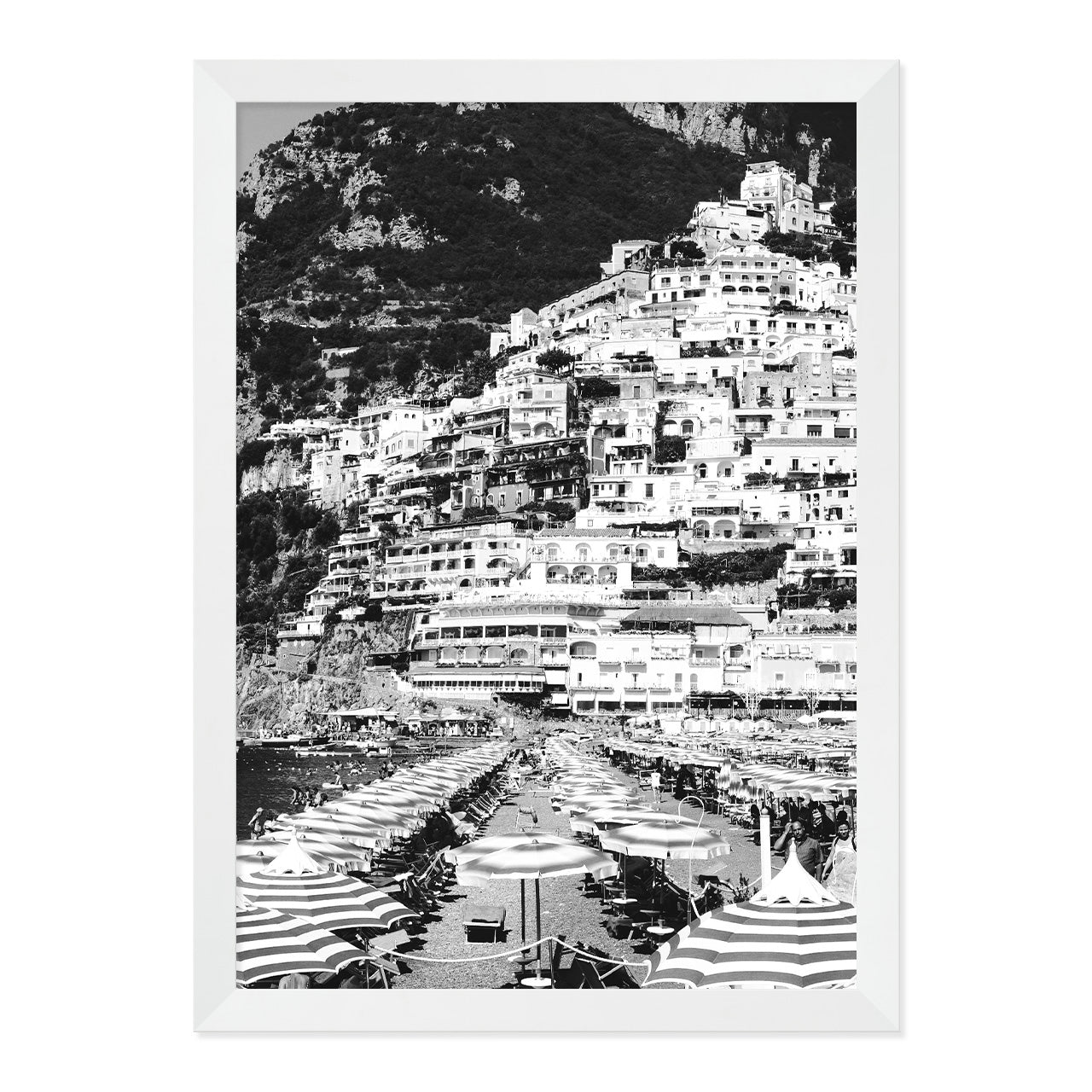 Black & White Positano Beach Photo Print A3 White Frame