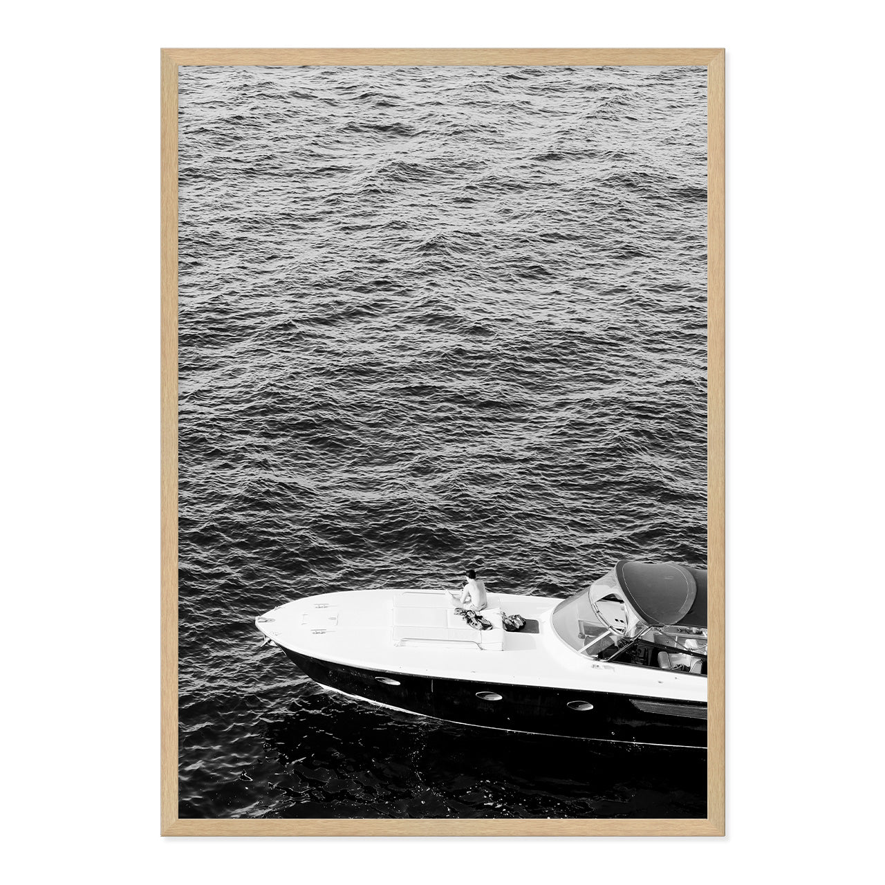 Black & White Speedboat Photo Print A1 Natural Timber Frame