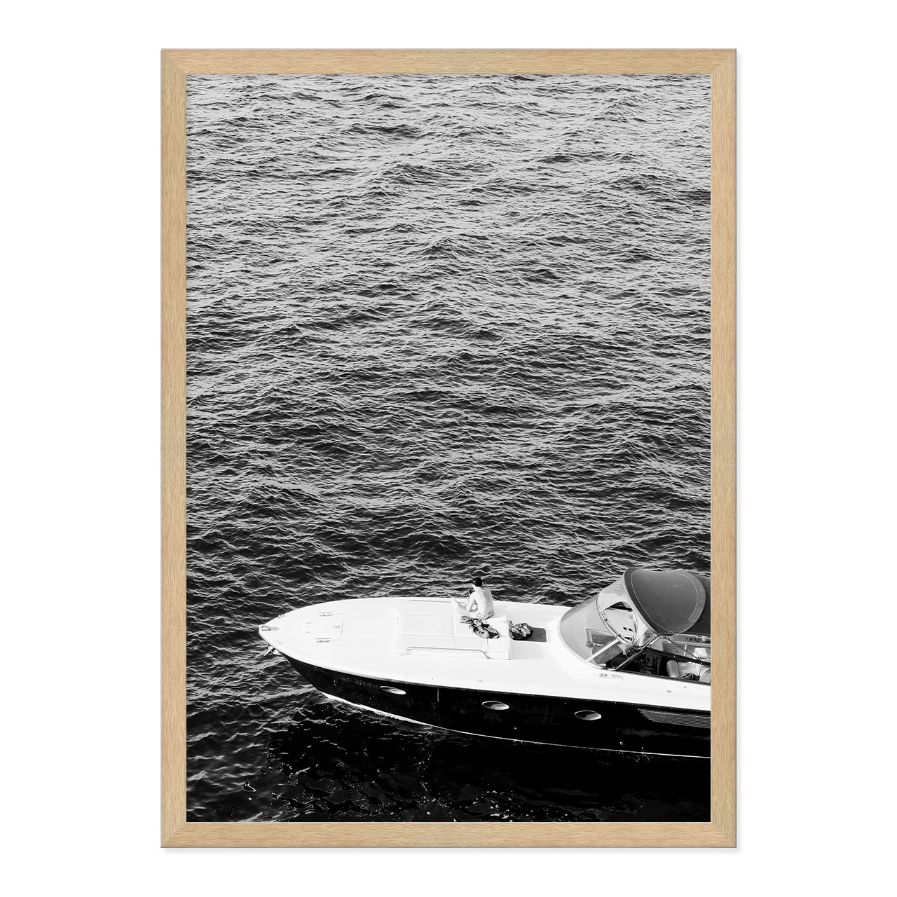 Black & White Speedboat Photo Print A2 Natural Timber Frame