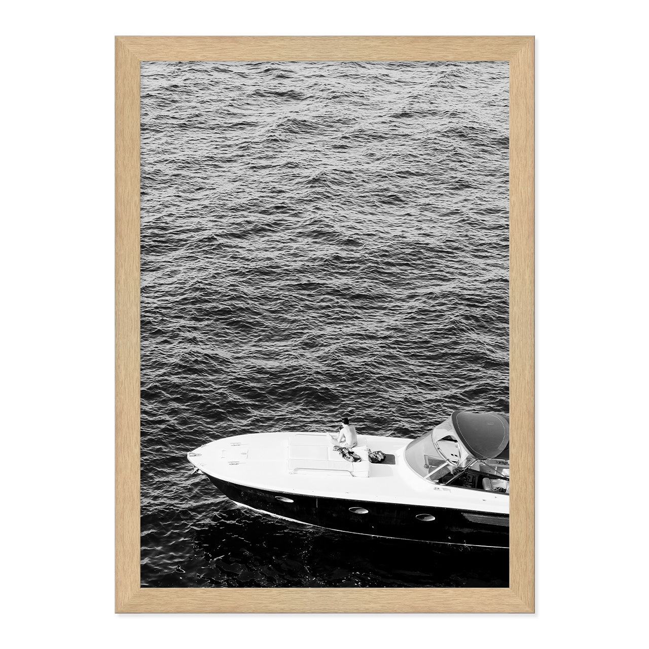 Black & White Speedboat Photo Print A3 Natural Timber Frame