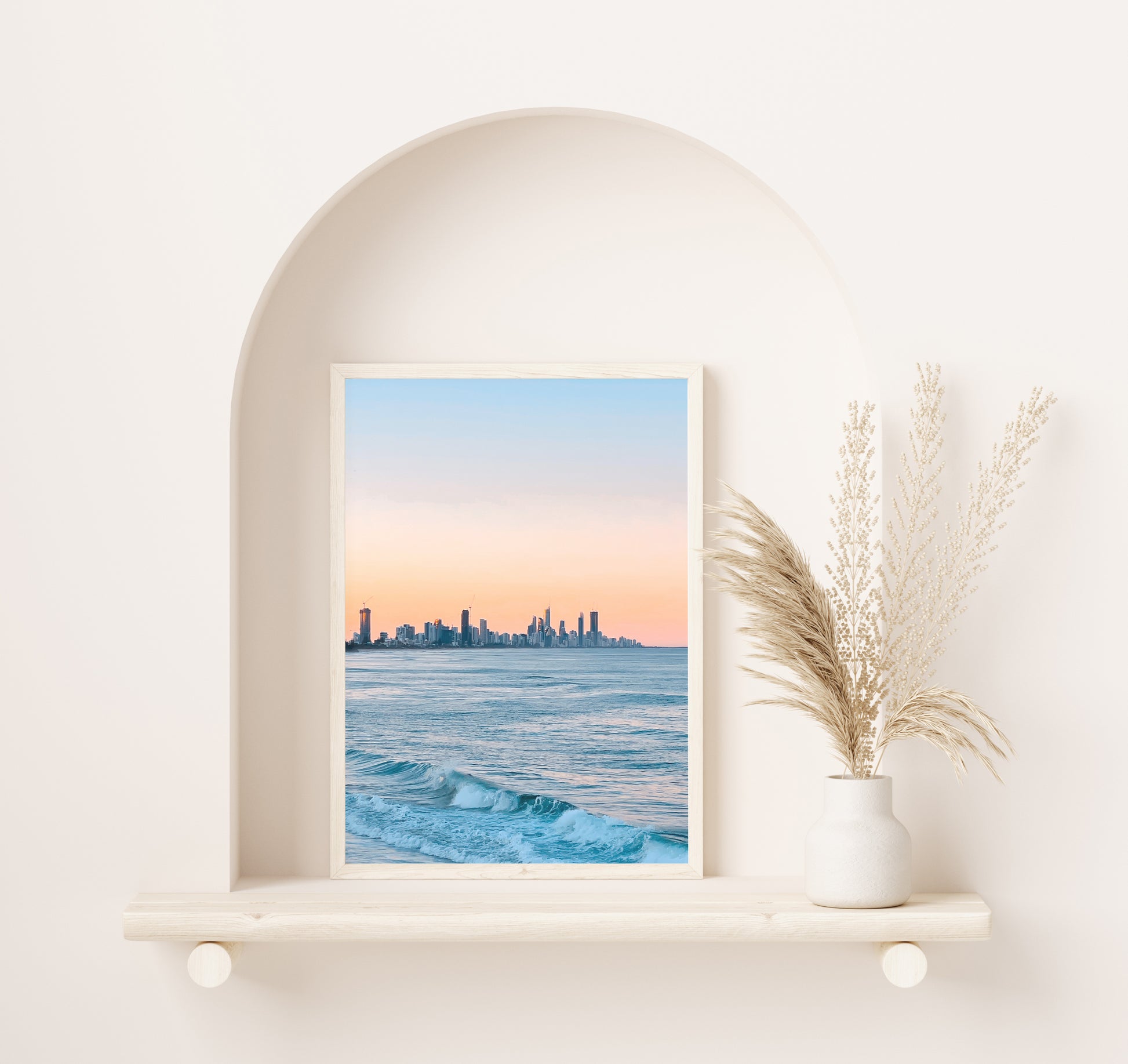 Burleigh Sunsets Photo Print A2 White Frame in arch home decor