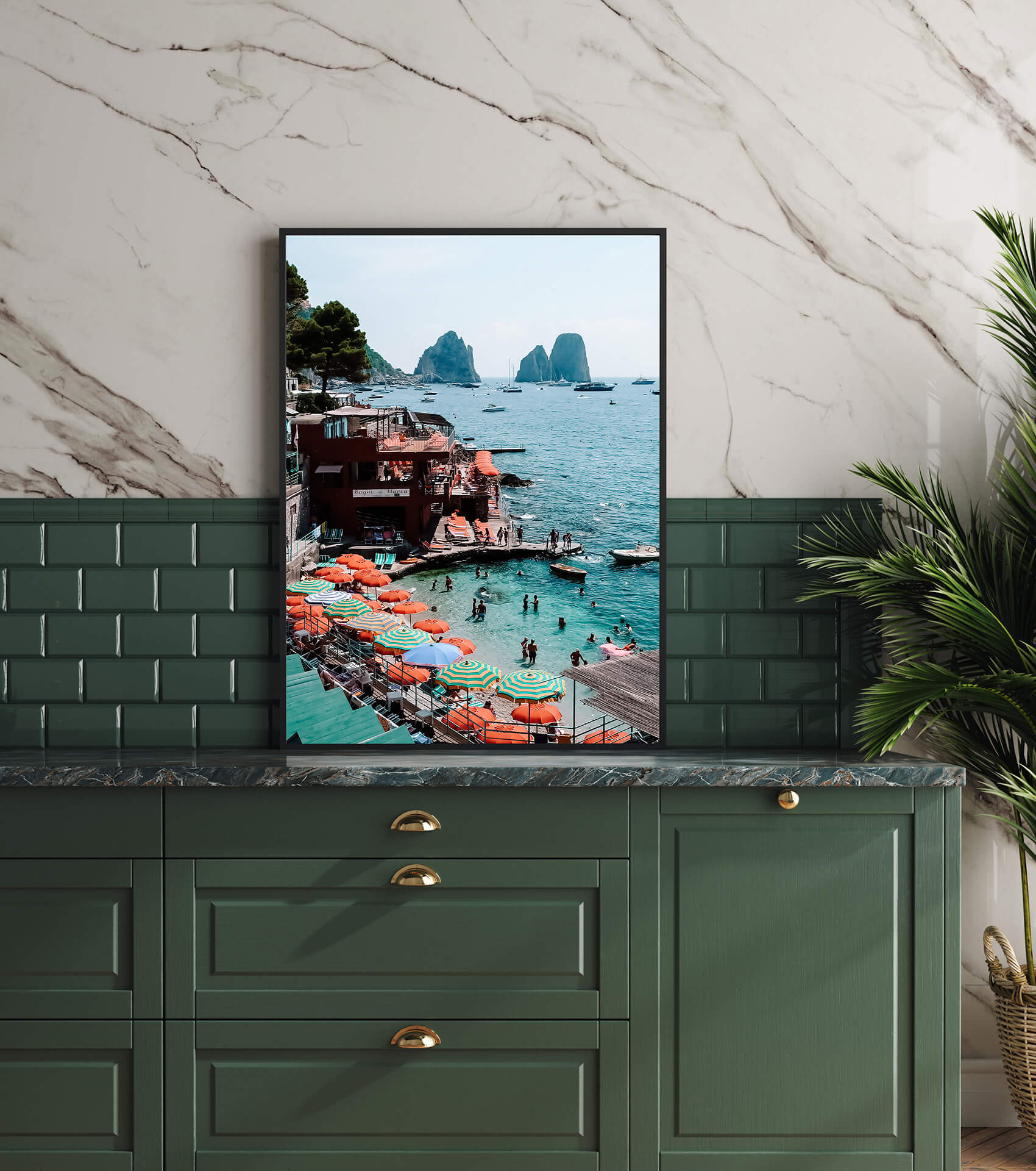 Colours of Capri Photo Print A1 Black Frame in marble kitchen