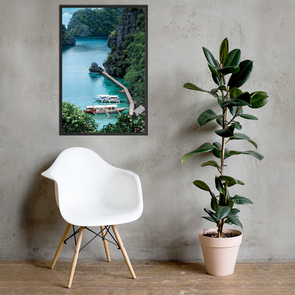 Coron Boats Photo Print A1 Black Frame with plant and chair