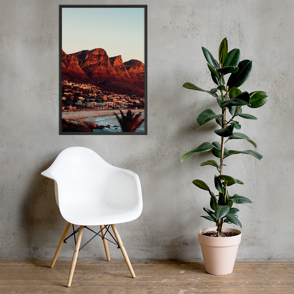 Camps Bay Photo Print A1 Black Frame with plant and chair